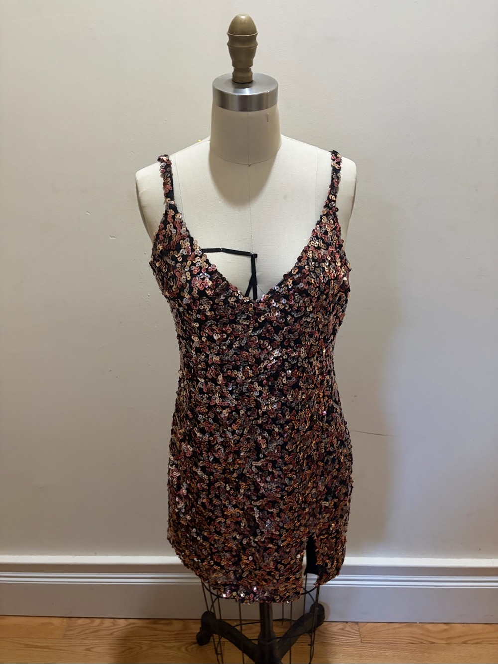 Reformation Black Sequin Mini Dress with Rose and Gold Accents